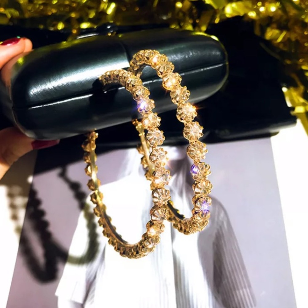 Gold Tone Big Hoop Rhinestone Earrings